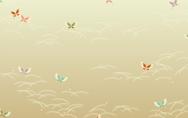 和柄な蝶々と草模様の背景素材（金色）
