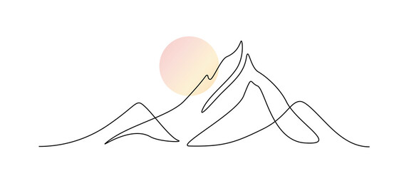 One continuous line drawing of mountain range landscape with color sun. Abstract peak hills and skyline in scandinavian simple linear style. Modern panoramic sketch. Doodle vector illustration