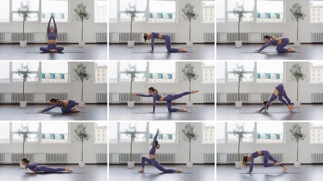 Collage of yogi woman practicing asanas in studio, doing stretching and balancing exercises. Split screen 3x3 of flexible young female. Concept of healthy lifestyle