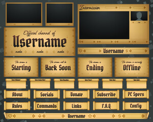 Big stream bundle - gaming panels, notifications, alerts, cam frames, offline and afk screens. Webcam 16:9 and 4:3 screen resolution. Old scroll with calligraphy stylized overlay design. Eps10 vector
