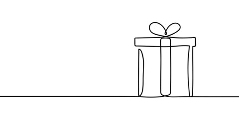 Continuous one line drawing of Christmas gift box with bow and ribbon. Birthday gift box linear style. Vector isolated on white background.