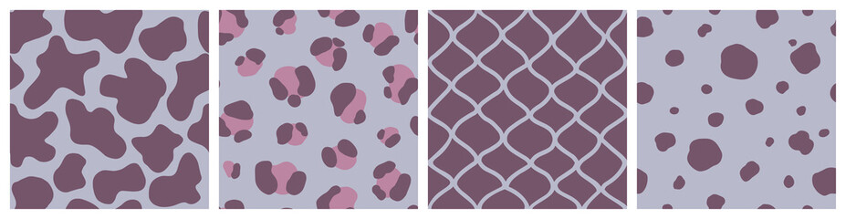 Set of Animal Skin Seamless Patterns: Сow, Leopard, Snake, Сheetah print. Hand Drawn Lilac vector illustration in Boho Style. Modern trend design background.