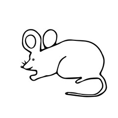 Hand drawn black vector illustration of a beautiful adult young mouse with a long tail isolated on a white background