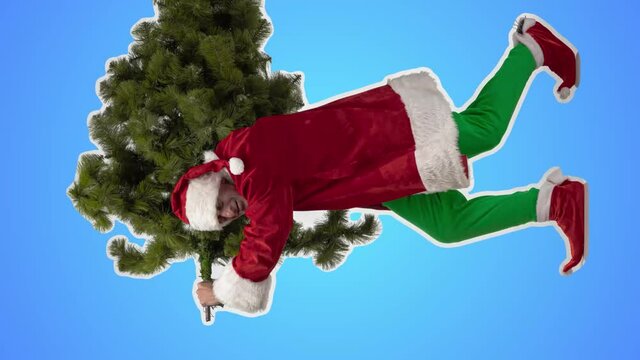 Happy Christmas, New Year. Stop motion design, art animation. Angry man blowing christmas tree as bad Santa Claus. Funny, modern, conceptual, contemporary bright 4k artcollage. Vertical video format