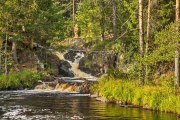 Ruskeala waterfalls at Tohmajoki river near Sortavala. Republic of Karelia. Russia