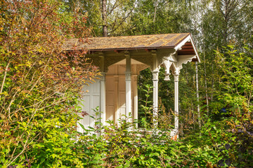 Pavilion in balneal and mud resort Martsialnyje vody (Marcial Waters). Republic of Karelia. Russia 