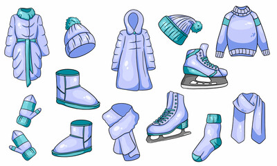 A set of winter things. Collection of warm clothes. Cartoon style.