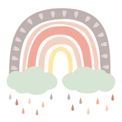Boho pastel rainbow with clouds, rain. Vector illustration. Isolated on white background. Perfect for kids, posters, prints, cards, fabric.