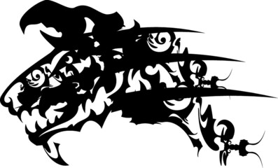 Tribal ornamental wolf head for tattoos or prints on T-shirts. Aggressive wolf head on a white background for carnival masks, engraving, textiles, covers, fabric products, emblems, etc.