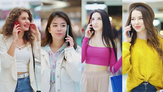 Collage of young females chatting happily on phones while in shopping center. Split screen multiethnic women in stylish clothes using gadgets for communication. Staying in contact