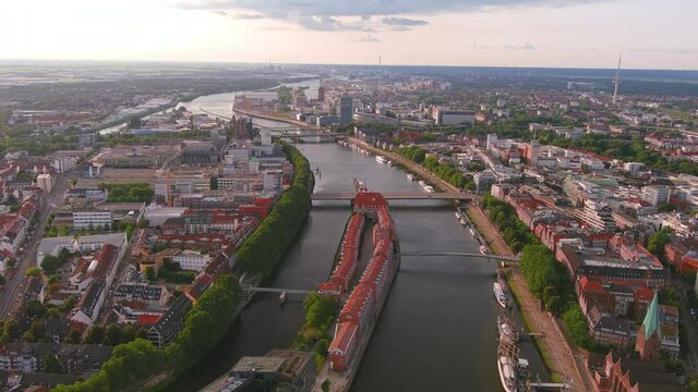 Bremen: Aerial view of city in Germany and capital of Free Hanseatic City of Bremen (Freie Hansestadt Bremen) in summer, river Weser - landscape panorama of Europe from above