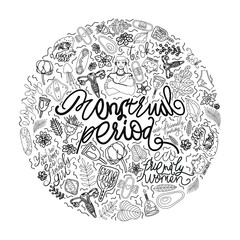 Doodle set women hygiene elements menstruation handdraw typography.