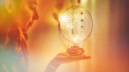 incense in a woman hand, ceremony space.