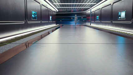 3d Illustration of a single grey alien walking in a starship corridor distant view.