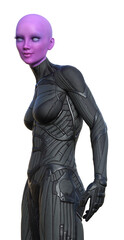 3d illustration of a bald pink skinned female alien with opaque eyes standing upright on a white background © Bert Folsom