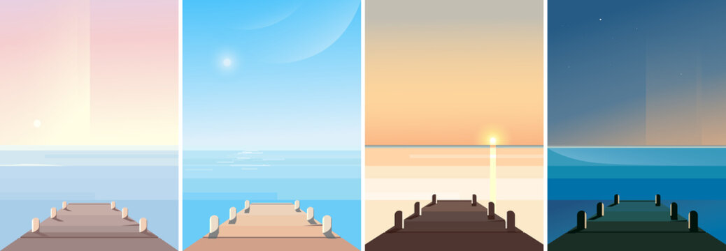 Sea pier at different times of day. Beautiful seascapes in vertical orientation.