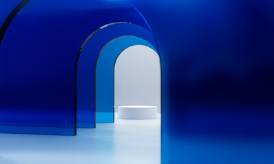 High quality 3d render of podiums showcase for cosmetics advertising. White podium and transparent blue glass 
