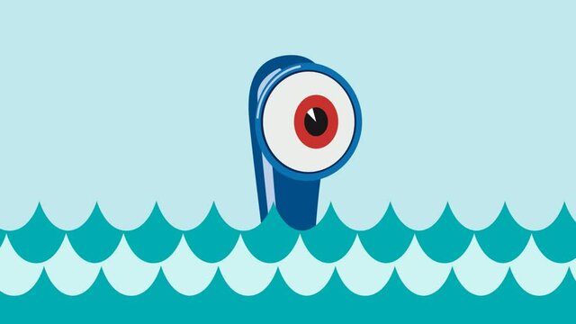Emergence of a submarine, periscope in the shape of an eye that looks left and right. Discovering new opportunities. Animated illustration.