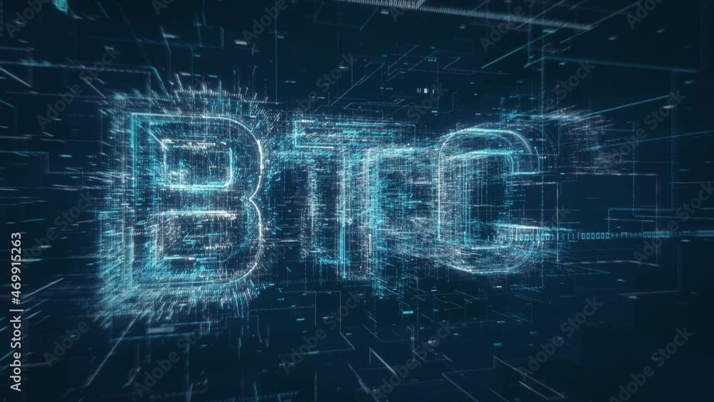 Poster BTC bitcoin crypto currency title key word build up animation on a binary code digital network background
