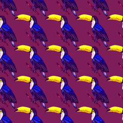 Watercolor seamless pattern with toucan. Exotic botanical jungle wallpaper with tropical bird and leaves. Bright summer pattern background.	