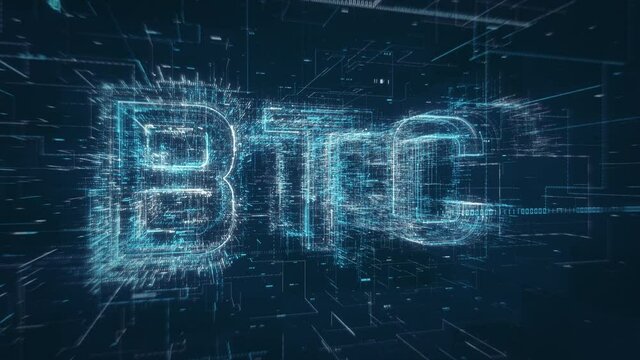 BTC bitcoin crypto currency title key word build up animation on a binary code digital network background