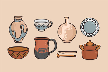 Fototapeta na wymiar Clay kitchenware and tableware concept. Set of artisan handmade clay jugs cups pots and plates over light background vector illustration 