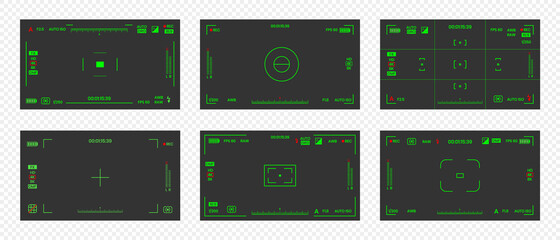 Camera viewfinder night vision video or photo frame recorder flat style design vector illustration set. Digital camera viewfinder with exposure settings and focusing grid template. - obrazy, fototapety, plakaty