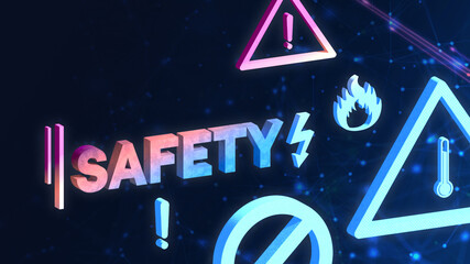 cool concept, safety. signs 3D, stop alert and security, colorful text. stylish 