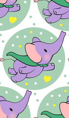 Seamless pattern with cute elephants in kawaii style. Vector