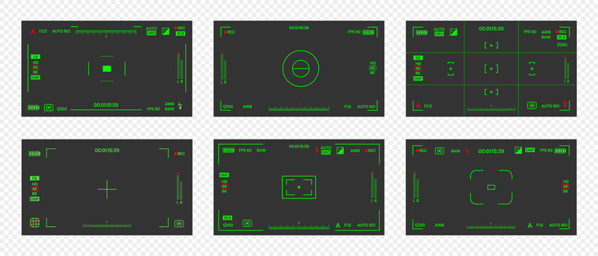 Camera viewfinder night vision video or photo frame recorder flat style design vector illustration set. Digital camera viewfinder with exposure settings and focusing grid template.
