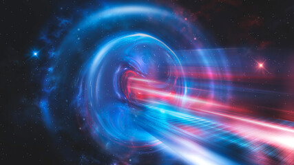 Space galactic fantasy futuristic abstraction. Space nebulae and galaxies. Flashes of light, the movement of light in space. Neon rays and lines of light. 3D illustration