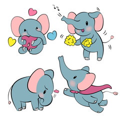Emotional sticker set with cute elefant. Kawaii style. Cartoon emoji sticker with elefants in different moods. Vector illustration.