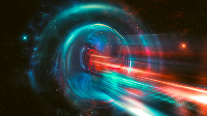Space galactic fantasy futuristic abstraction. Space nebulae and galaxies. Flashes of light, the movement of light in space. Neon rays and lines of light. 3D illustration