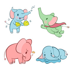 Emotional sticker set with cute elefant in different colors. Kawaii style. Cartoon emoji sticker with elefants in different moods. Vector illustration.