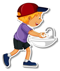 A sticker template with a boy washing hands with soap