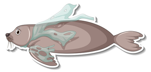 Seal stuck with plastic waste on white background