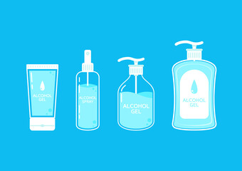Alcohol gel bottle. Set of Alcohol Gel, Alcohol Spray, Soap, Liquid Soap. kill virus by Wash hand and spray hand. Medical Health care concept.