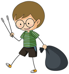 A doodle boy cleaning trash cartoon character isolated