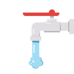 Tap cartoon vector. Tap with running water jet. Flow and stream of blue liquid.