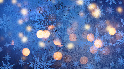 Obraz na płótnie Canvas Abstract aChristmas background. Bright colored blurred lights, bokeh. Neon glow, snowflakes.