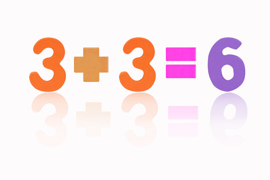Three plus three equals six (3+3=6). Illustration. Image of simple math addition operation for kids, math operation to enhance brain skills (Plus, minus, multiply, divide) Isolated on pink background.