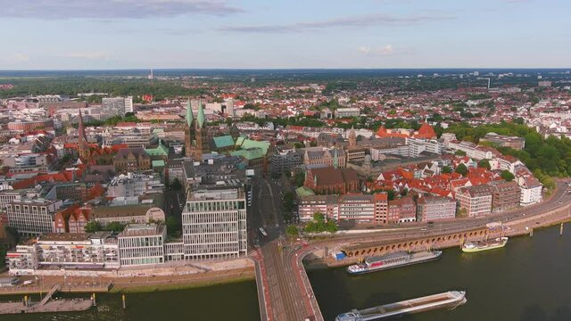 Bremen: Aerial view of city in Germany, historic center with cathedral St. Petri Dom Bremen in summer - landscape panorama of Europe from above