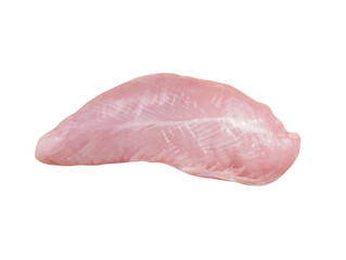 Turkey fillet isolated on white background. One Raw piece of without skin. Top view.