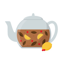 Cartoon glass teapot. Tea with lemon and berries. Kitchen utensil. Doodle flat style. Isolated vector illustration 