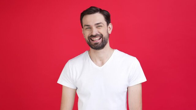 Man promoter show okey sign advert proposition isolated red color background
