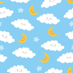 Seamless pattern of white smiling clouds, moon and stars on blue background. Cartoon character in flat style. Vector illustration