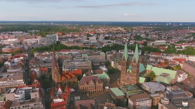 Bremen: Aerial view of city in Germany, historic center with cathedral St. Petri Dom Bremen in summer - landscape panorama of Europe from above
