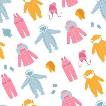 Seamless pattern of baby winter clothes. Colorful winter coat, overalls, snow suit, jumpsuit, hats and mittens. Doodle style. Vector illustration