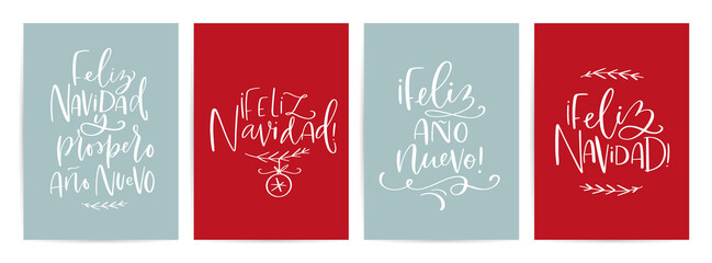 Winter holidays card set in Spanish language. The text on cards means: Merry Chritmas, Happy New Year, written separately and also combined together in one phrase in different translations.