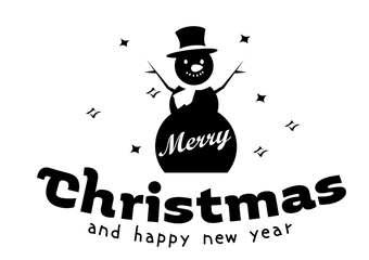 Black and white vintage design Merry Christmas logo mark. Snowman illustration.